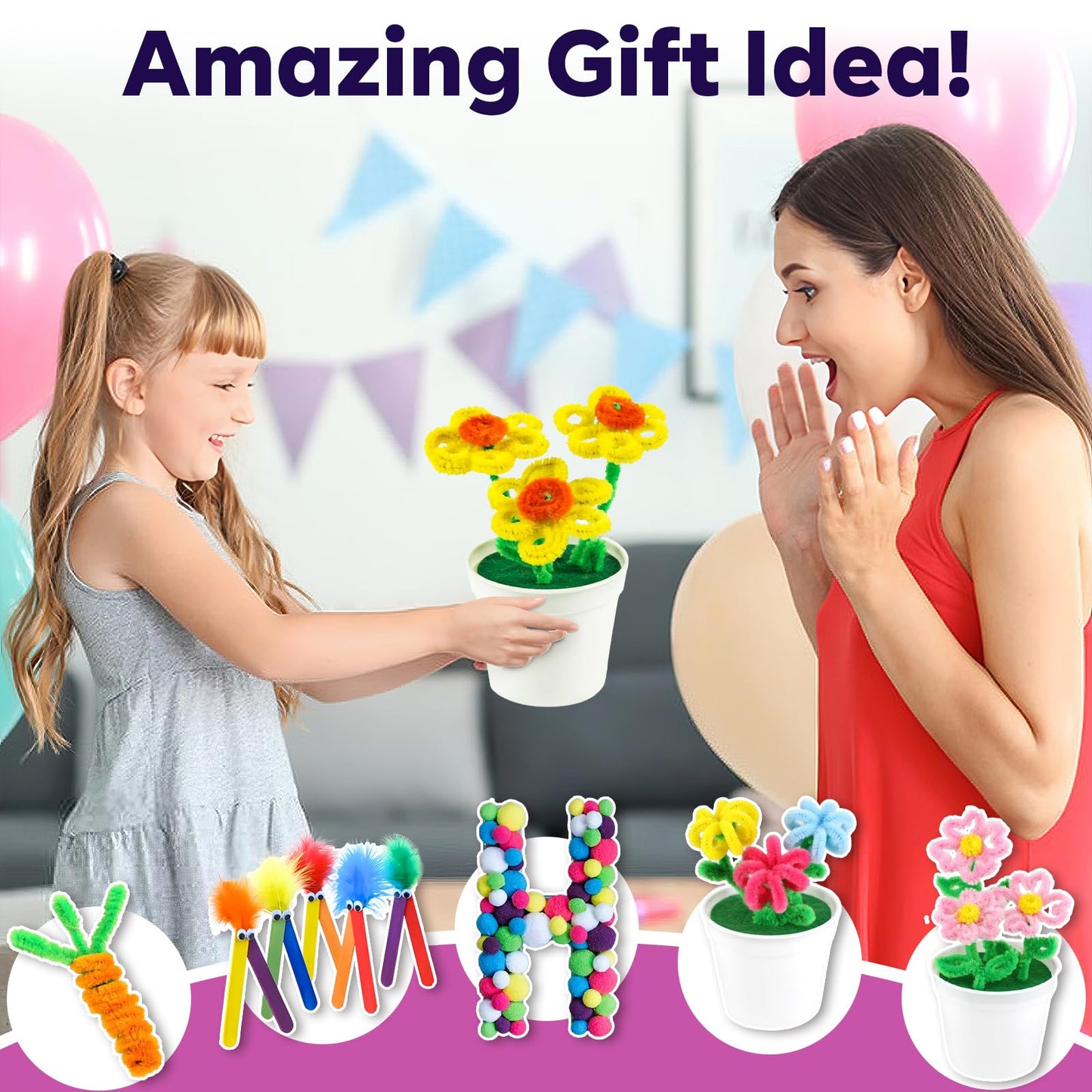 FUNZBO Arts and Crafts Supplies for Kids - Kids Crafts for Kids Ages 4-8 with Construction Paper, Pom Poms, Googly Eyes & Pony B