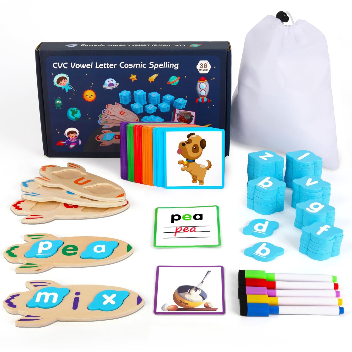 Umyqaq 143Pcs Wooden Cvc Word Game, Writing & Spelling Flash Cards, Kindergarten Homeschool Supplies, Alphabet Puzzle Montessori