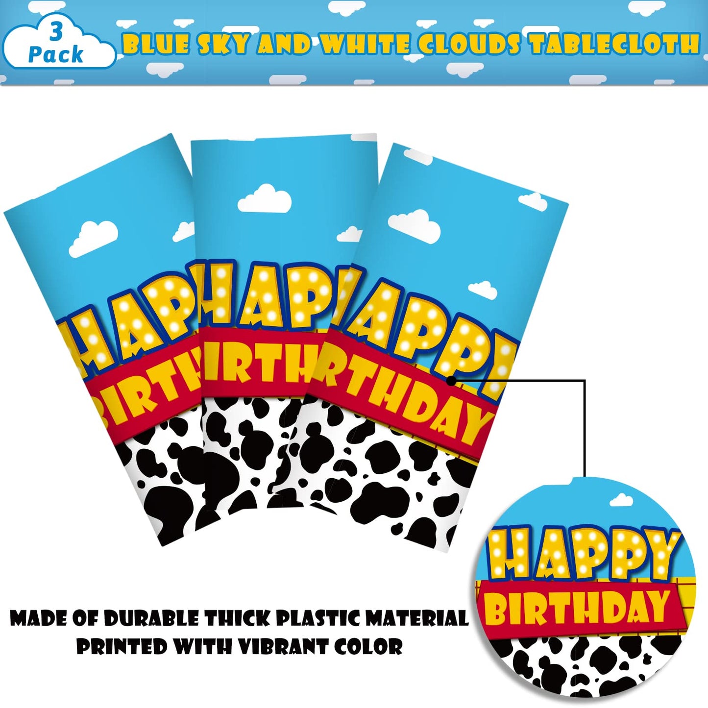 3 Pack Cartoon Story Birthday Party Supplies Cow Pattern Printed Table Cover Blue Sky and White Cloud Tablecloths Cow Birthday P