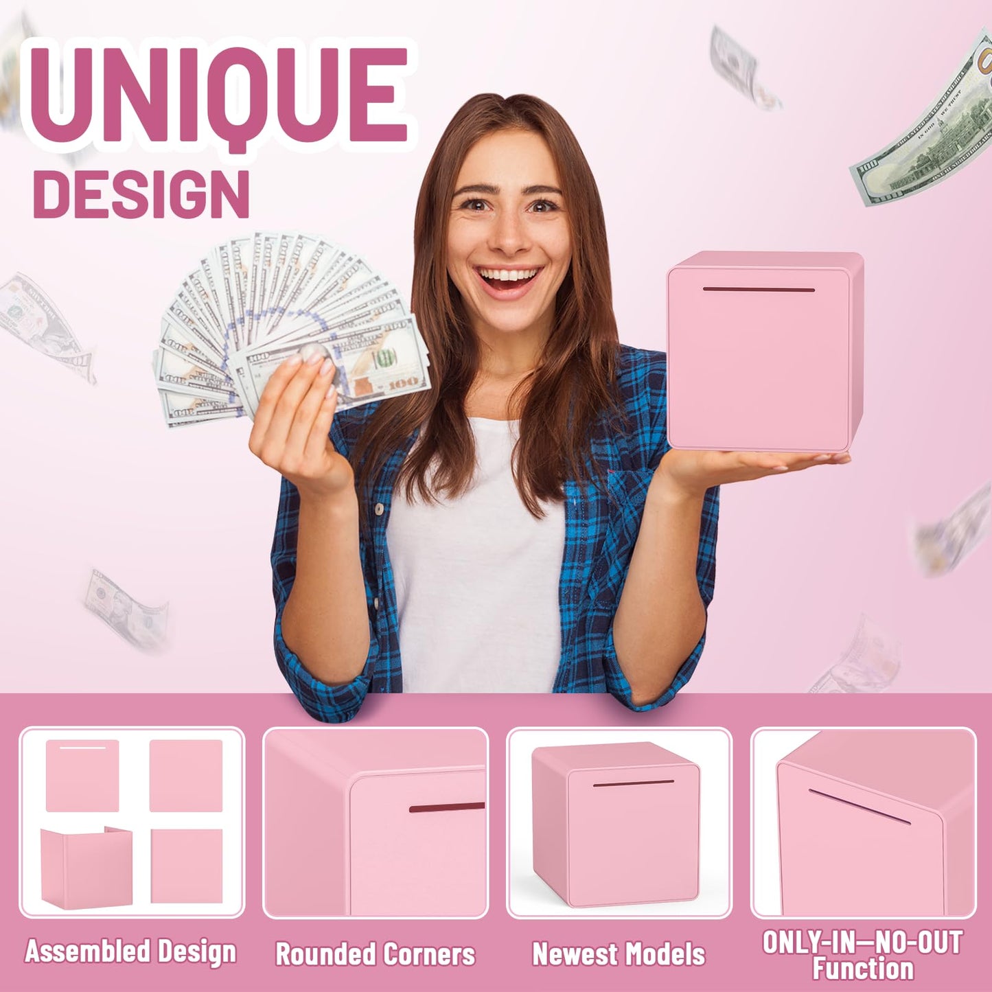 Hizgo Adults Assembly Piggy Bank, 6' Large Piggy Bank For Adults/Kids Must Break To Open, Unopenable Money Saving Box For 2025 Cash Saving (Pink)