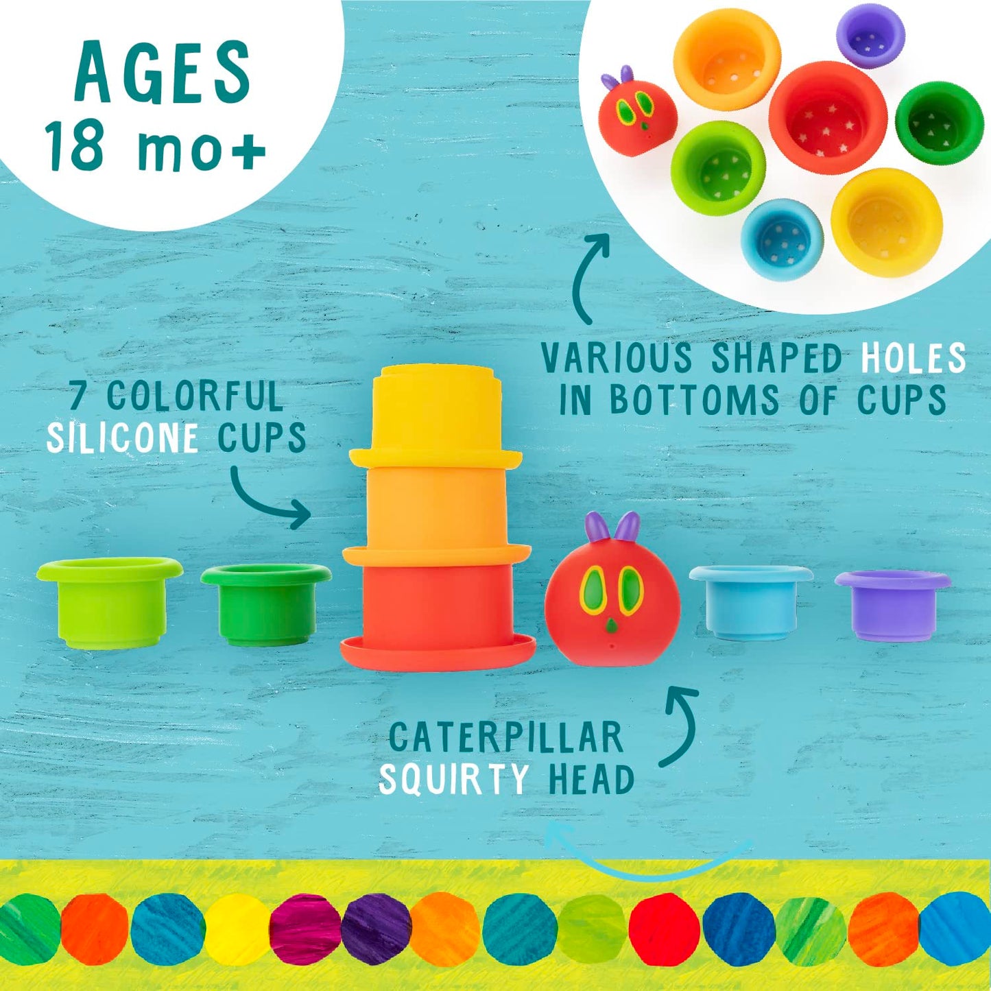 Kids Preferred Silicone Stacking Cups Set - The Very Hungry Caterpillar Bath Toys for Ages 18 Months+, Multicolor, Model 55765