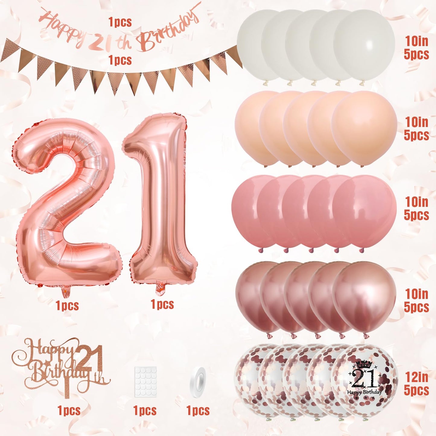 21Th Birthday Decorations Retro Pink Rose Gold,21Th Birthday Balloons,Happy 21Th Birthday Banner With Cake Toppers Number 21 Bal