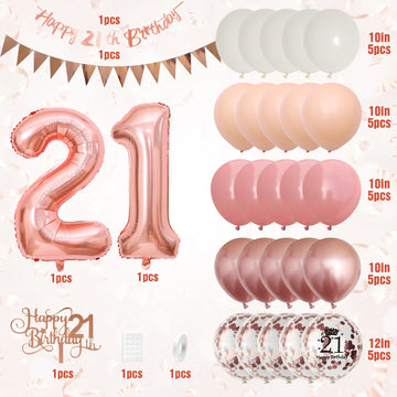21Th Birthday Decorations Retro Pink Rose Gold,21Th Birthday Balloons,Happy 21Th Birthday Banner With Cake Toppers Number 21 Bal