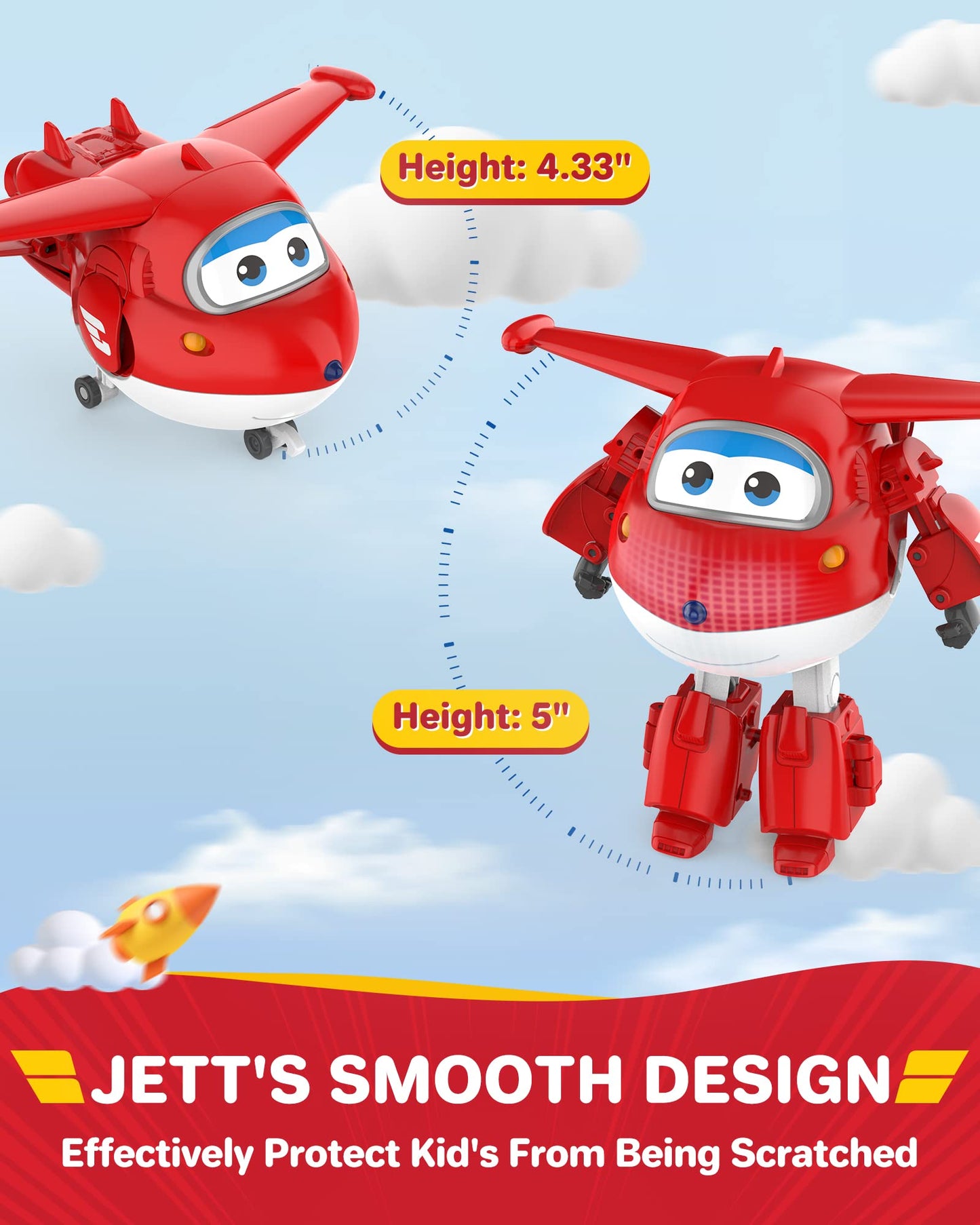 Super Wings Toys, Jett Transformer Toys 5 Inch, Airplane Toy For Kids 3-5 Years Old, Transforming From Toy Jet To Robot, Real Mobile Wheels, Birthday Party Supplies For Preschool Boys And Girls Red