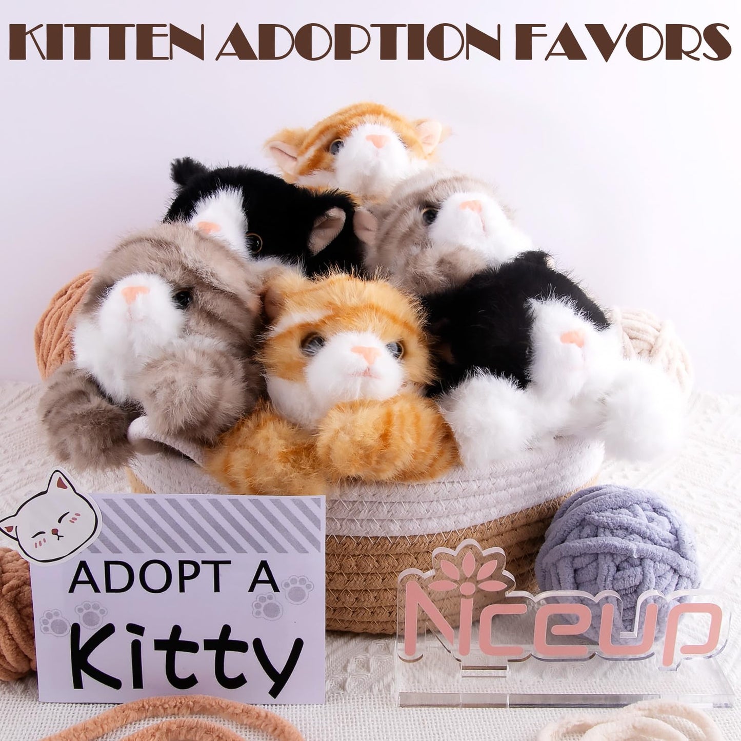 Niceup 3pcs Kitten Stuffed Animal, 7in Small Plush Kitty Cat with Sensory Beans, Pet Adoption Party Favors Black Orange Grey Cat