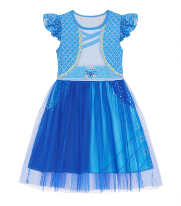 Wonderbabe Chloe Descendants Costume Girls Rise Red Costume Blue Dress Birthday Party Outfits Princess Dress Up Tulle Mesh Dress