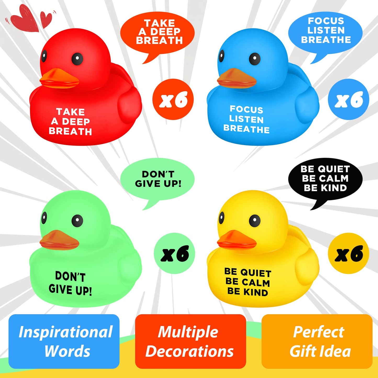 Lenwen 24 Pcs 1.89 Inch Rubber Duck Bath Toy Inspirational Gift Motivational Rubber Ducks Thank You Gifts Inspirational Party Favors Baby Shower Decorations Birthday (Red  Yellow  Blue  Green)