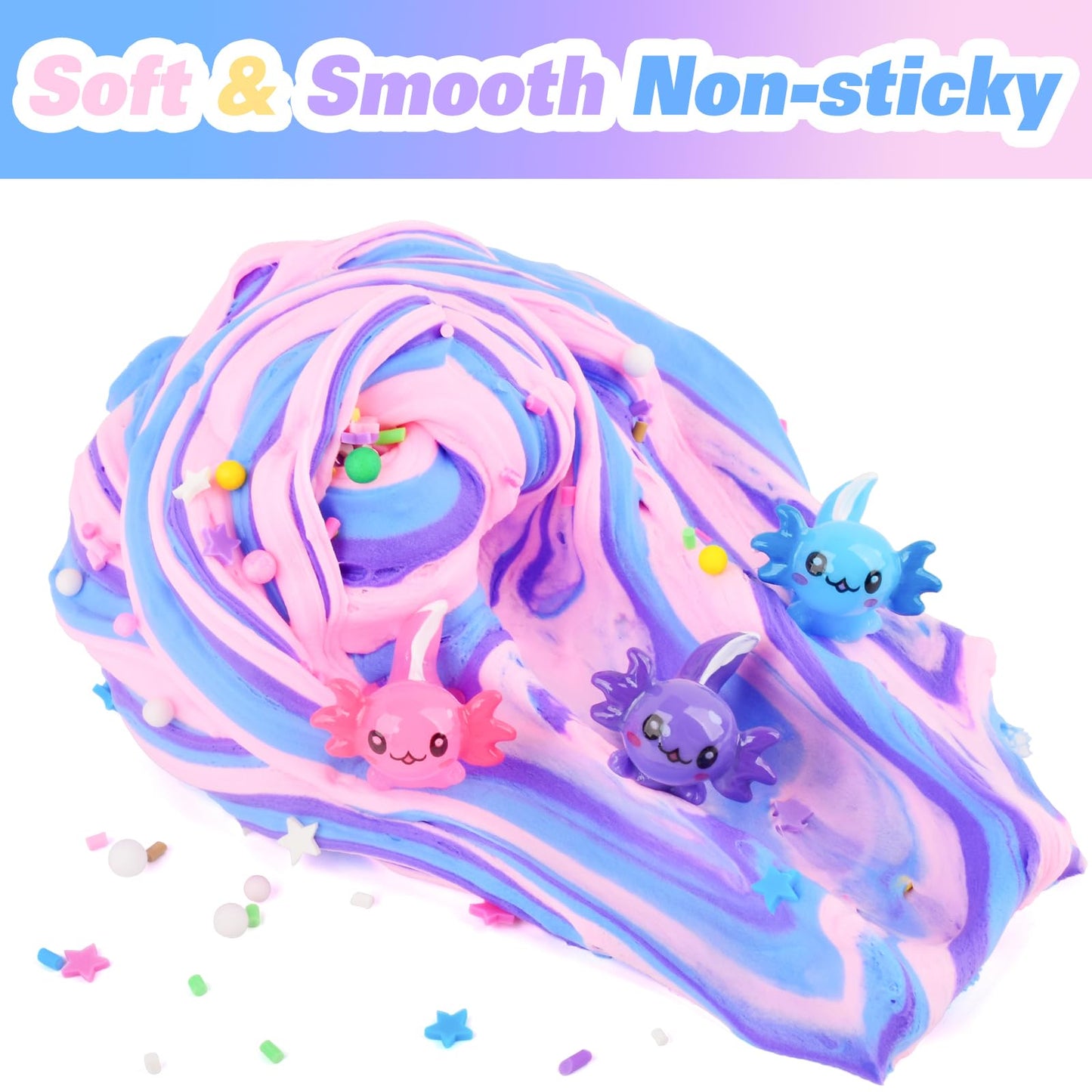 3 Pack Axolotl Butter Slime, Slime Kit with Pink, Blue, Purple Axolotl Charms, Soft and Stretchy, Slime Party Favor for Girls &