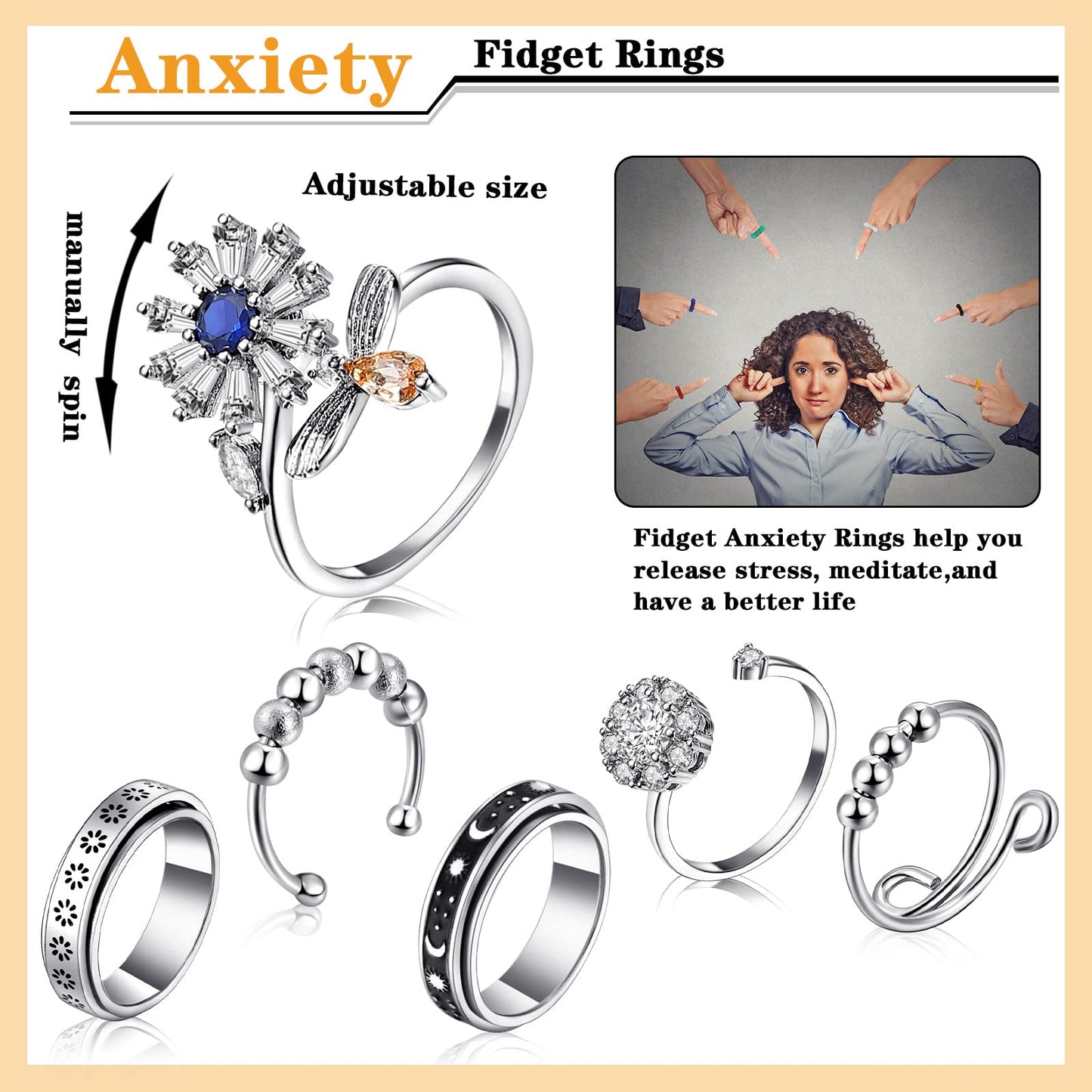Mtlee 12 Pieces Fidget Anxiety Rings Including 6 Pieces Spiky Sensory Finger Spinner Rings, Anxiety Toys, Zircon Circle With Beads For Women Men(Classic Style)