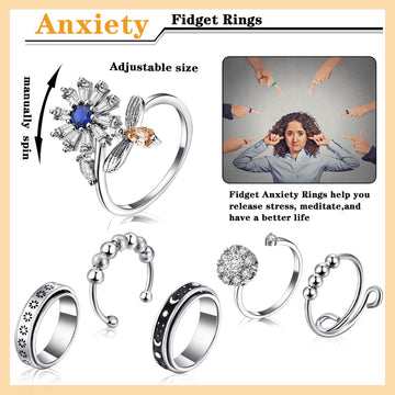 Mtlee 12 Pieces Fidget Anxiety Rings Including 6 Pieces Spiky Sensory Finger Spinner Rings, Anxiety Toys, Zircon Circle With Beads For Women Men(Classic Style)