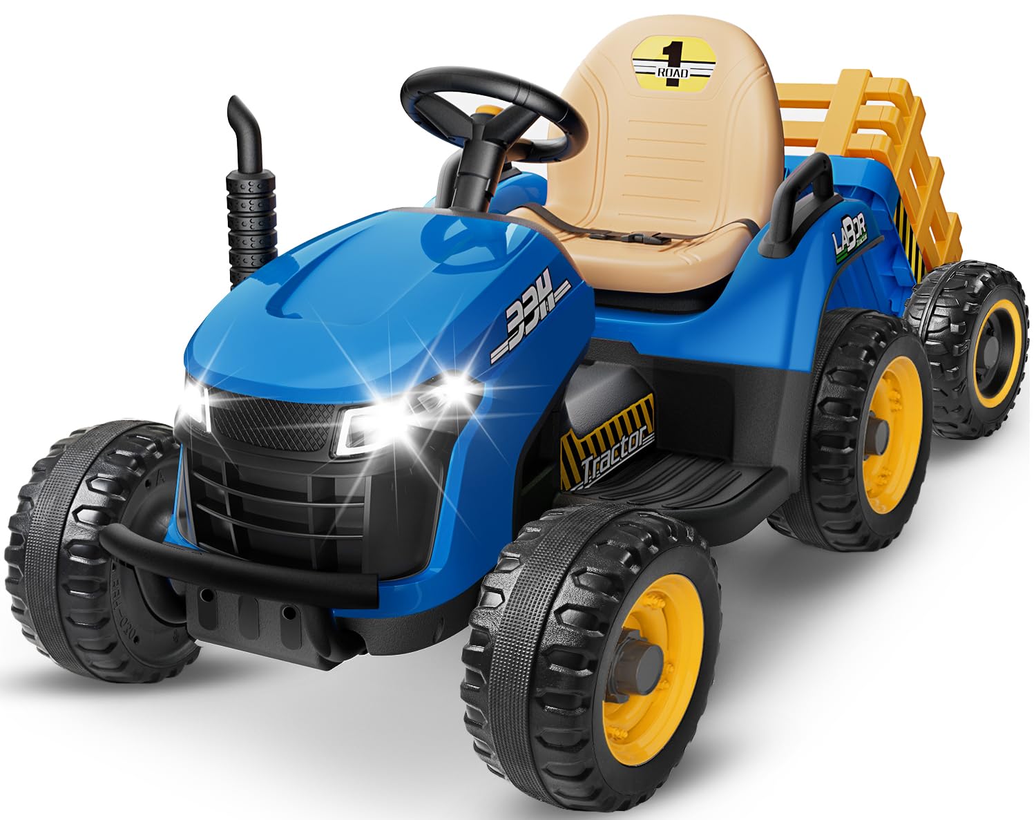 ARBELI 24V Ride On Tractor w/Tiltable & Detachable Trailer  2x65W Motors  EVA Tires  Remote Control  Bluetooth  Shifter  Music  Electric Car for Kids Ages 2-5  Blue
