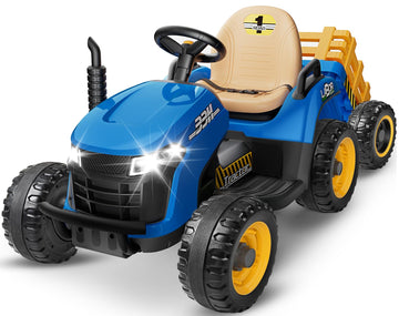 ARBELI 24V Ride On Tractor w/Tiltable & Detachable Trailer  2x65W Motors  EVA Tires  Remote Control  Bluetooth  Shifter  Music  Electric Car for Kids Ages 2-5  Blue