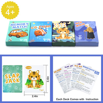 Card Games Old Maid, Go Fish, Slap Jack And Memory Classic Games - 4 Decks In 1 Pack, Fun Card Games For Kids Toddlers, Fun Kids