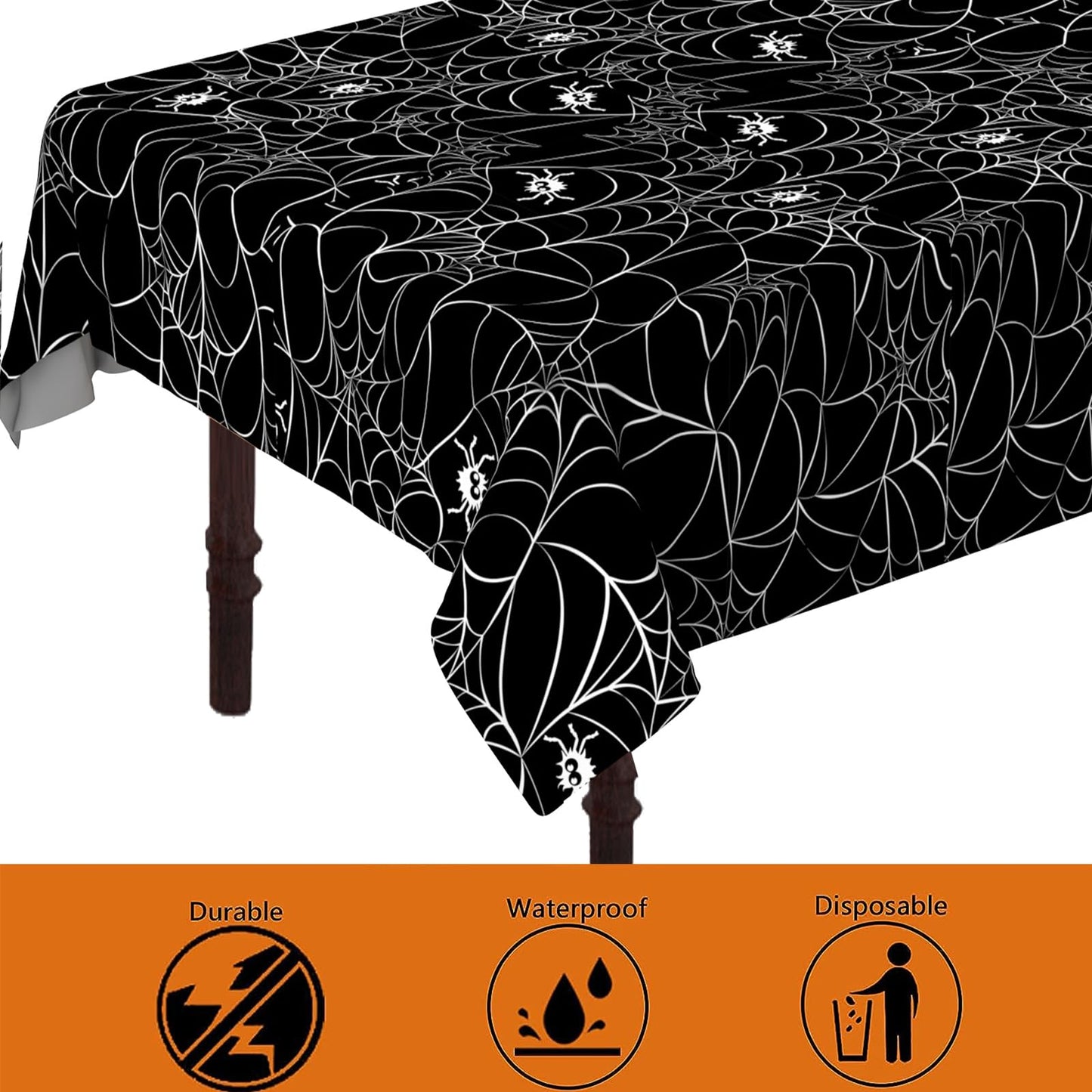 ATFUNSHOP Halloween Tablecloth Plastic 4PACKS 54 X 108 Rectangular Black Spider Web Disposable Table Cover Waterproof Spillproof