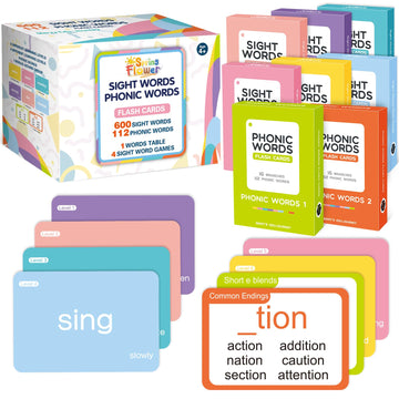 Springflower 712 Sight Words Flash Card,600 Dolch & Fry High Frequency Sight Word,112 Phonic Flash Cards For Kindergarten Homeschool Supplies Games For Kids Pre-K, Kindergarten, 1St, 2Nd, 3Rd Grade