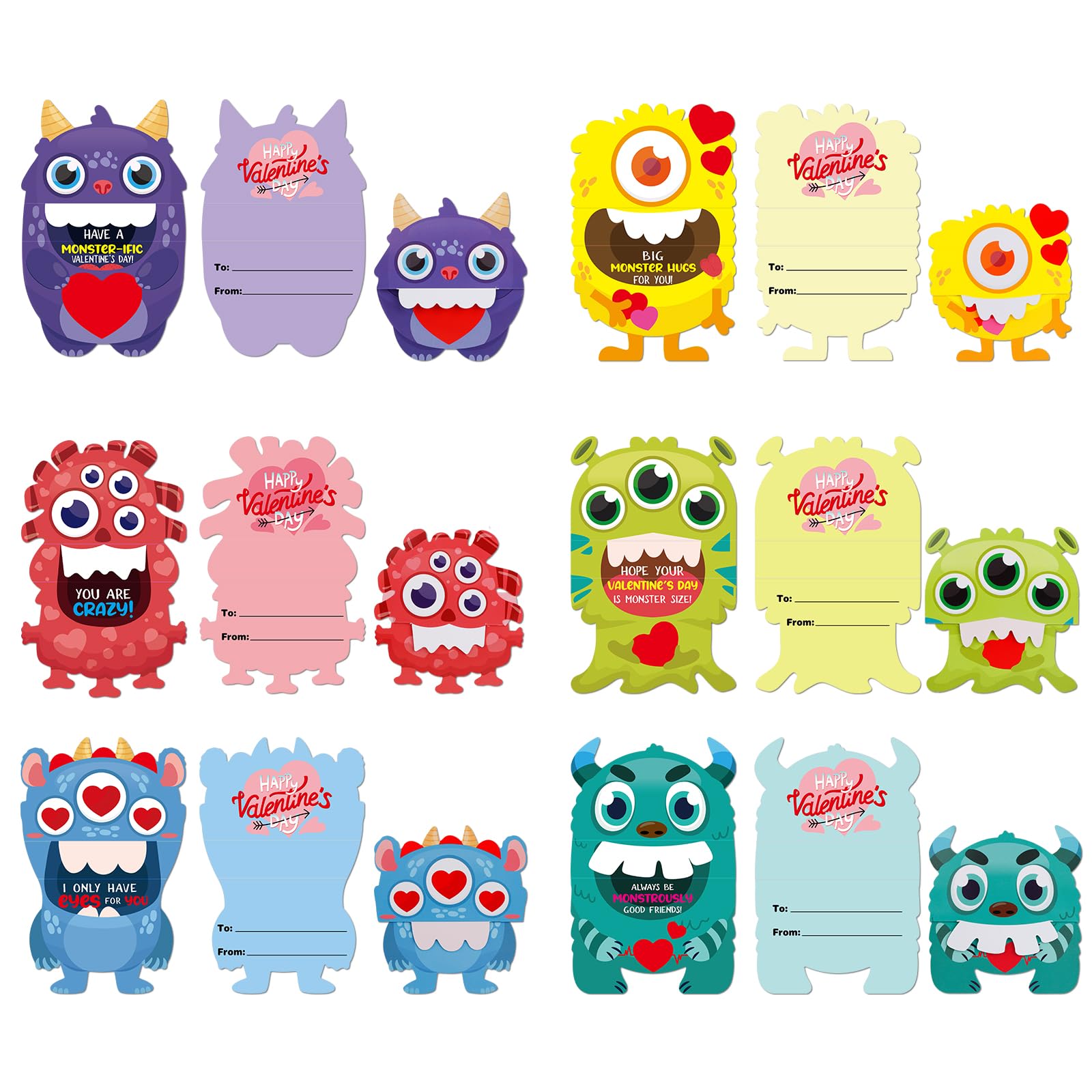 FaCraft Valentines Cards for Kids 24PCS Valentines Day Gifts Card with Envelope Funny 3D Foldable Monster Valentine Exchange Ca