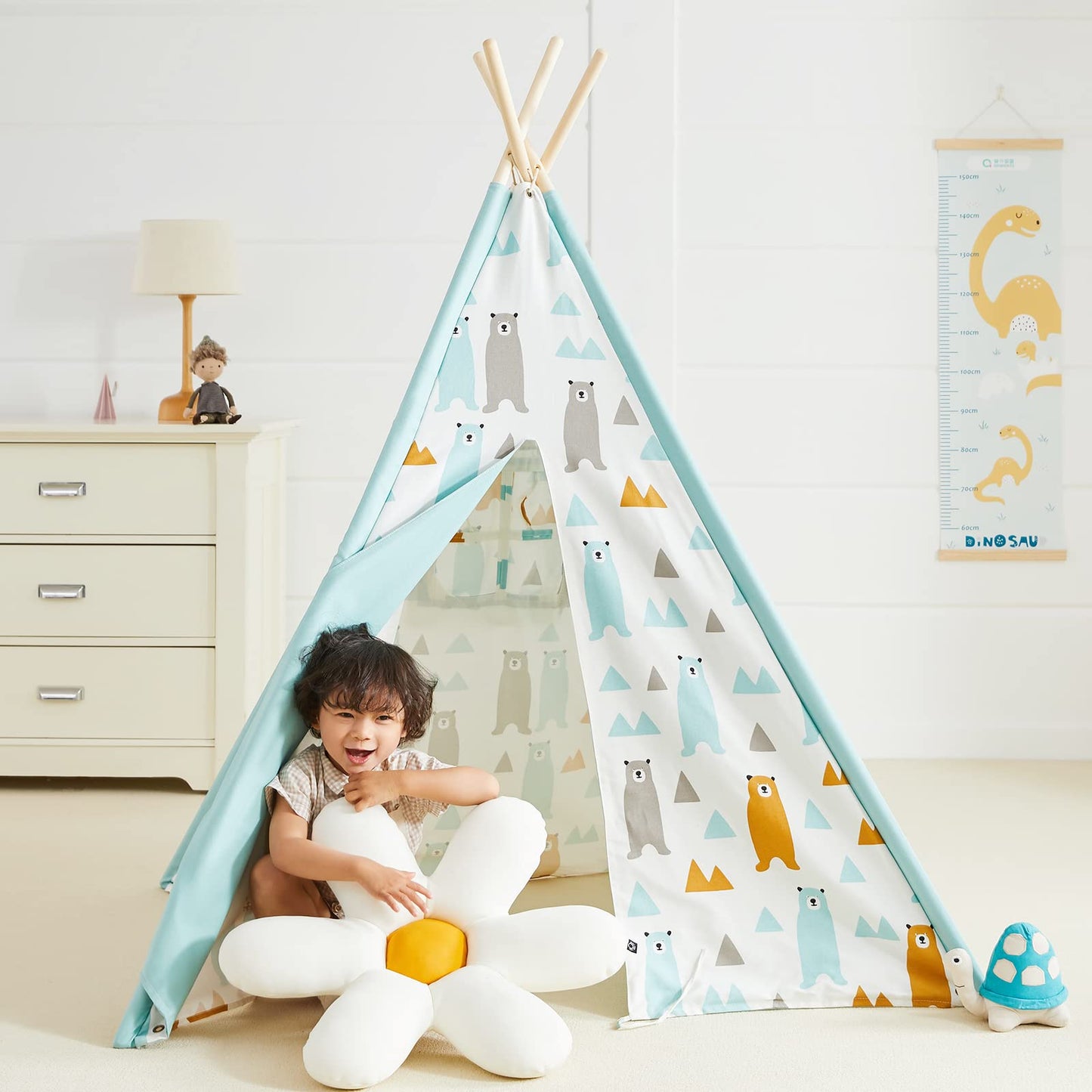 Asweets Kids Teepee Tent For Kids,Cotton Canvas Teepee Play Tent For Children Indoor And Outdoor Games Little Bear Indian Tipi Tent With Storage Bag (4 Walls)