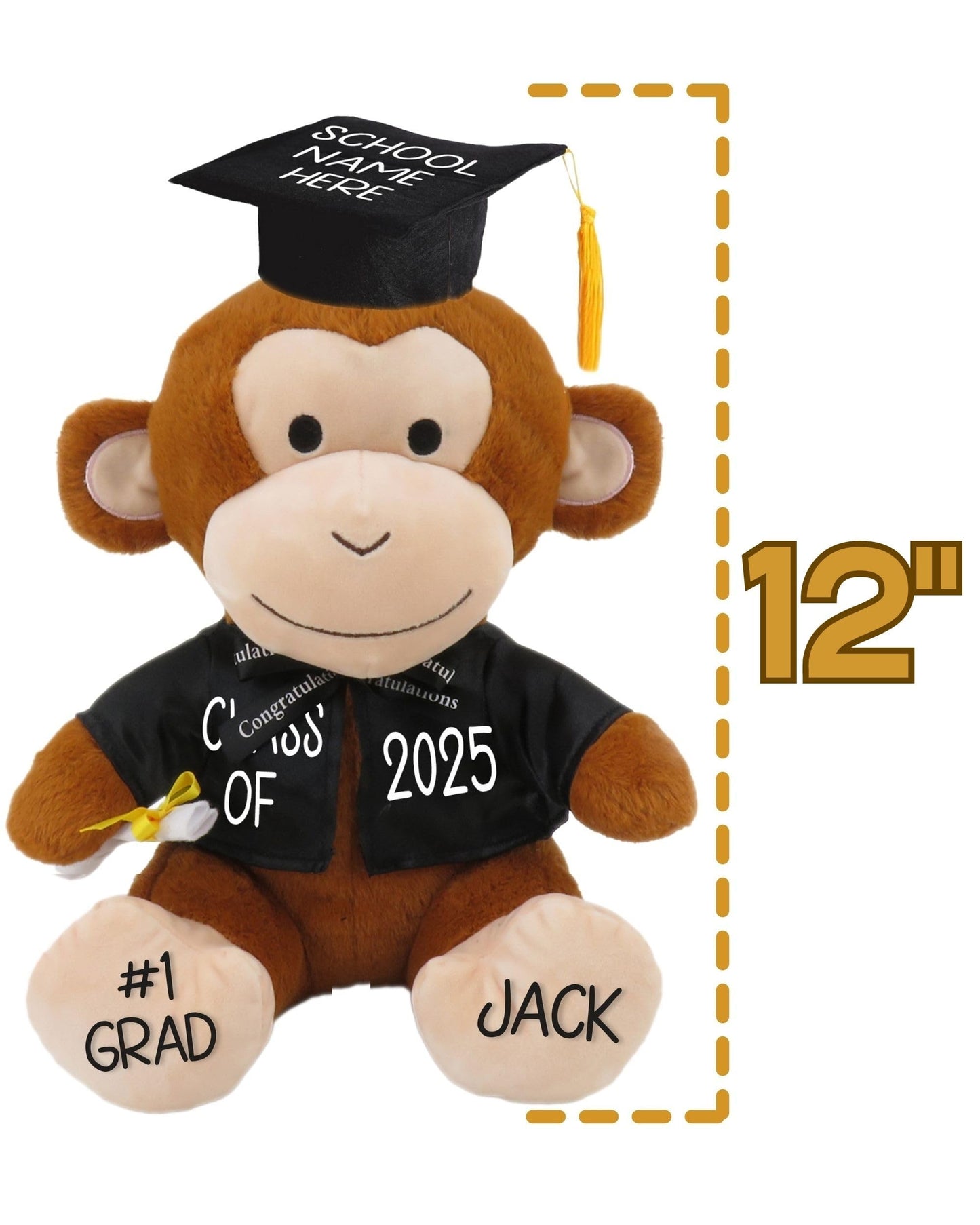 Personalized Graduation Teddy Bear Monkey Gift 2025 For Her, For Him, For High School, College, 12 Inch - Cute Custom Brown Monk