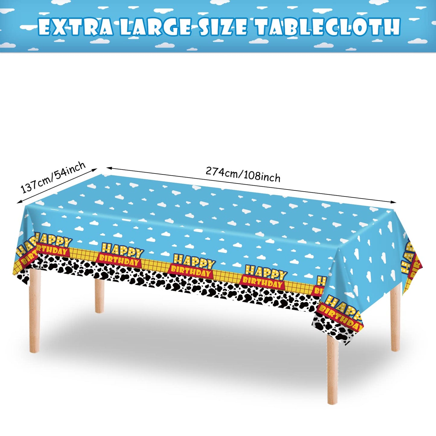3 Pack Cartoon Story Birthday Party Supplies Cow Pattern Printed Table Cover Blue Sky and White Cloud Tablecloths Cow Birthday P
