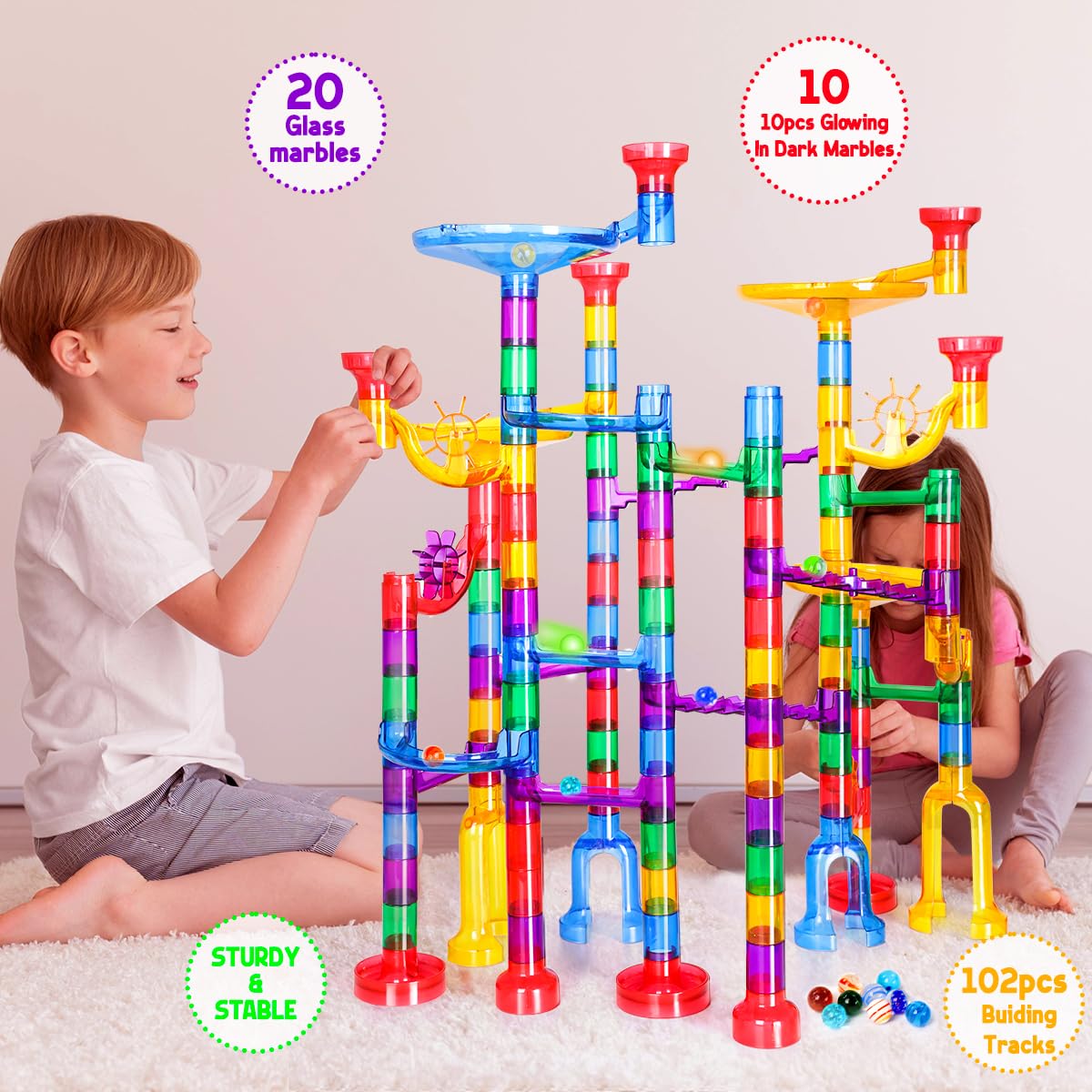 Meland Marble Run - 132Pcs Marble Maze Game Building Toy For Kid, Marble Track Race Set & Stem Learning Toys For Boy Girl Age 3 4 5 6 7 8 9+ (102 Translucent Marbulous Pcs & 30 Glass Marbles)