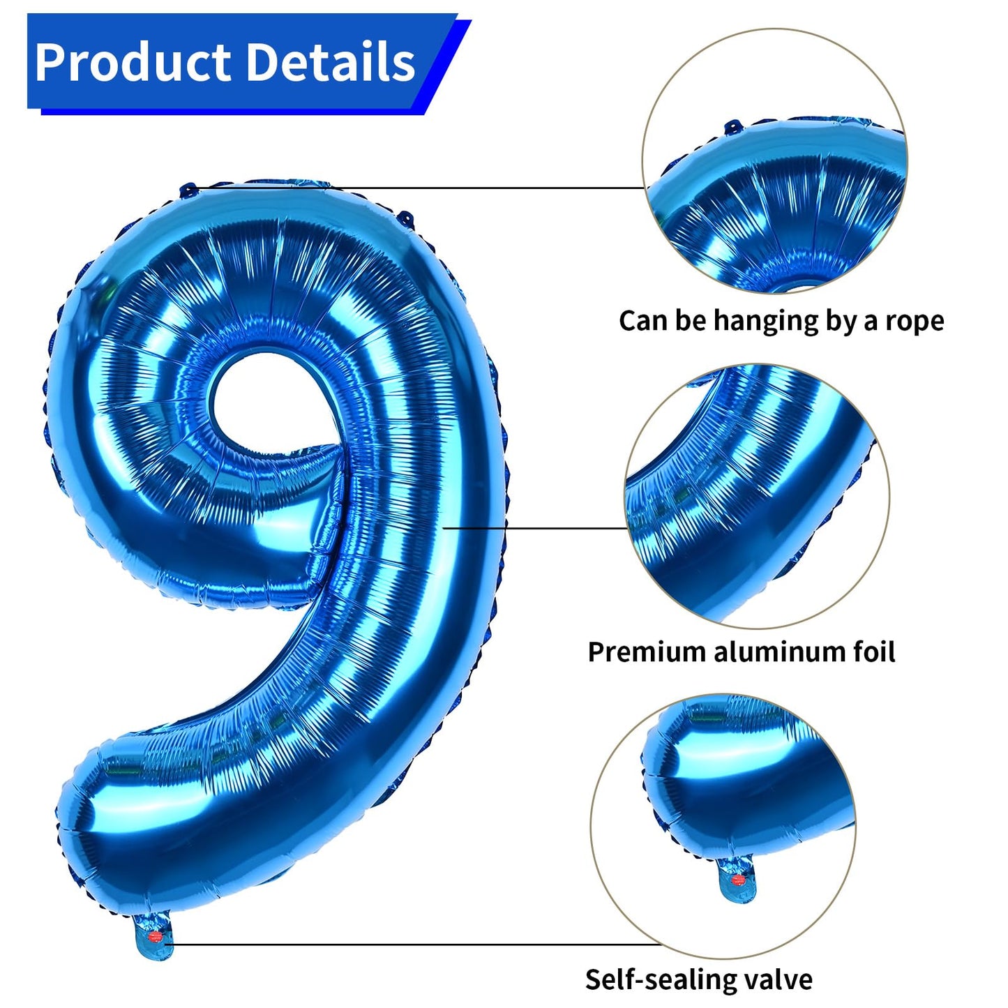 Biapian 40 Inch Blue Number 9 Balloons, Large Number 9 Balloon With 18'' Dark Blue And Silver Foil Heart Shape Balloons Helium F