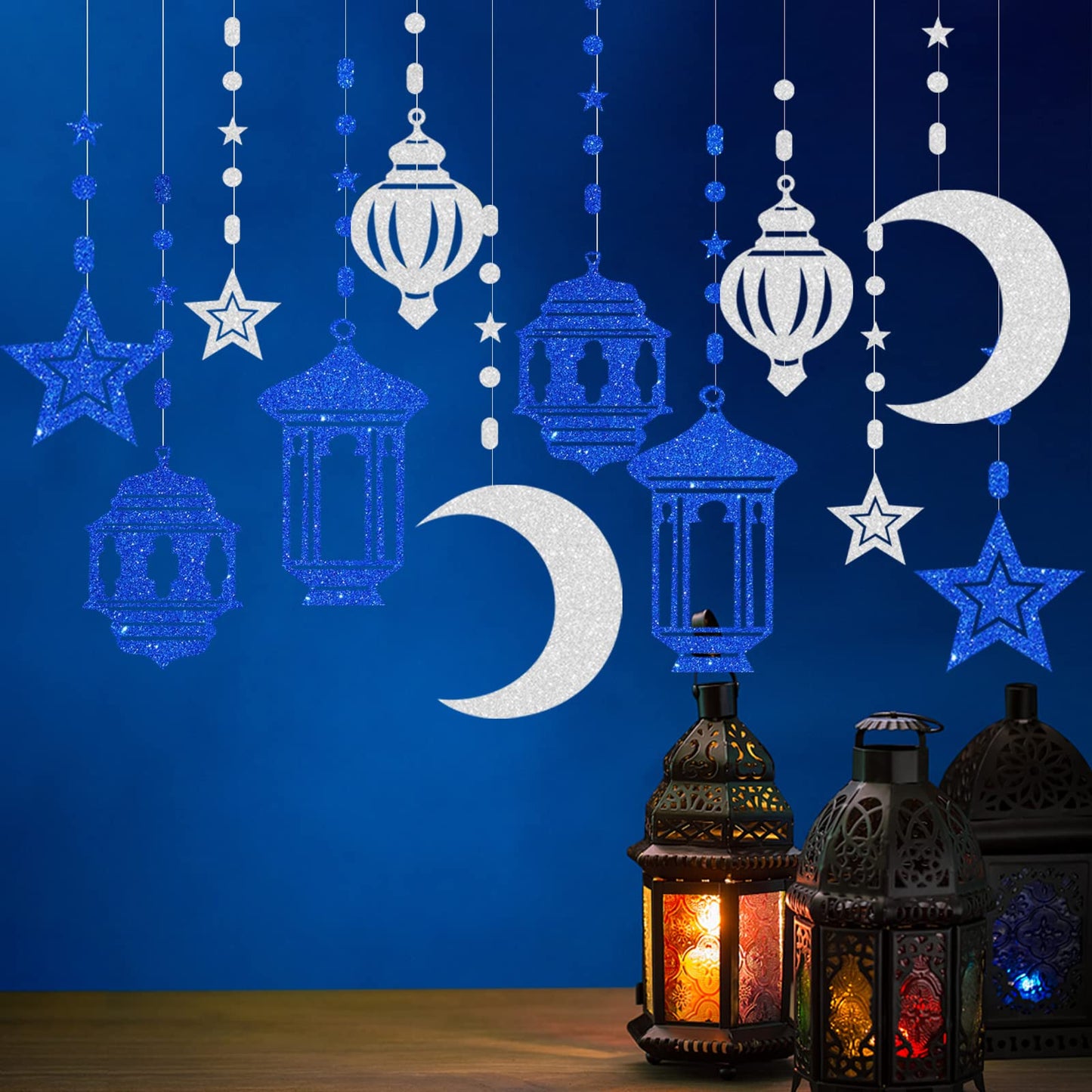 Blue-Silver Ramadan Star-Moon Party-Decorations Garland - 12pcs Twinkle Little Star Hanging Decoration Streamers Swirl Lantern,