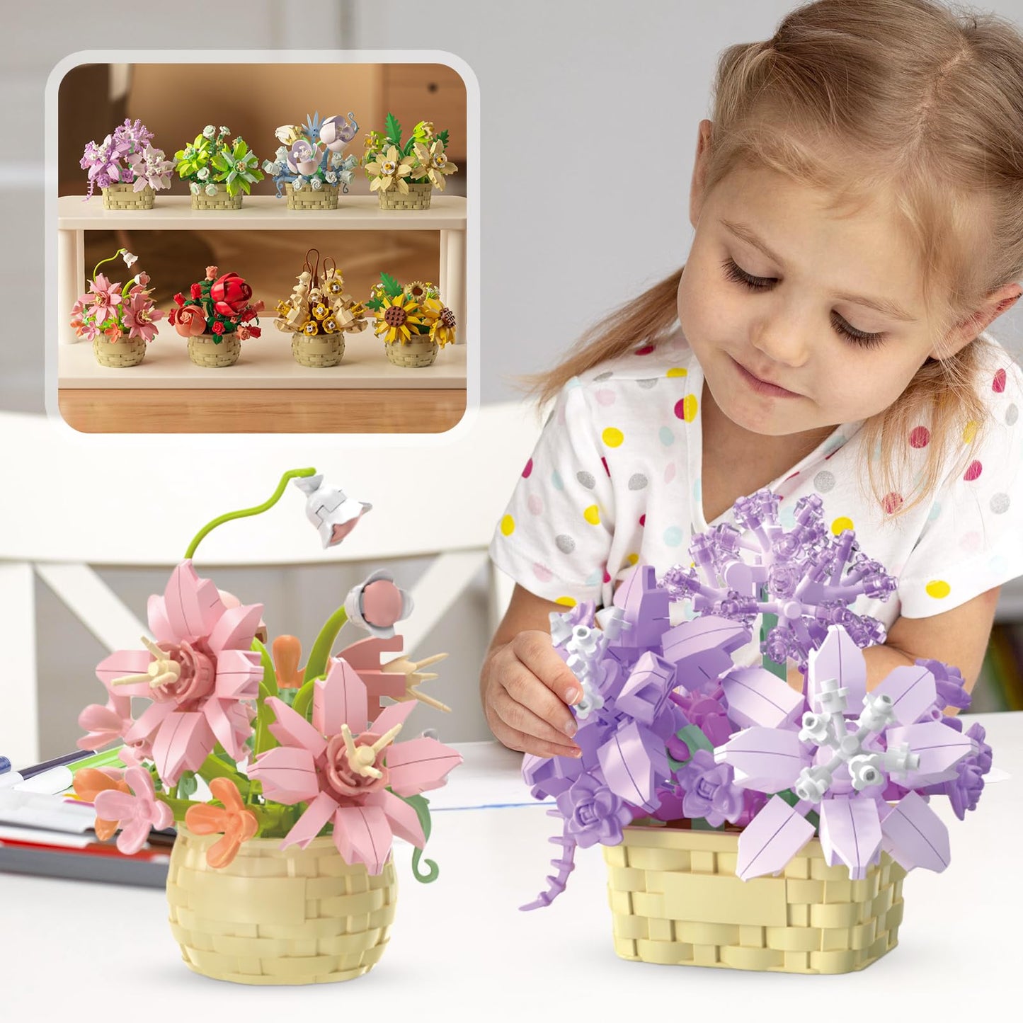 SJIADA 8 Pieces Flower Block Set  Plant and Succulent Toys Birthday Gift for Women and Girls As a Decoration or mature-themed Block Toy