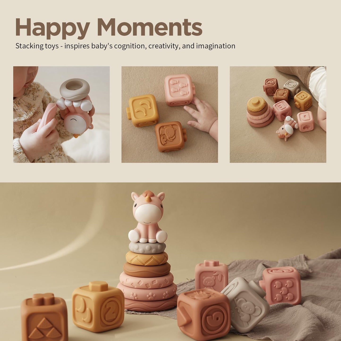 Nueplay 13 Pcs Building Circle & Blocks, Stacking & Nesting Baby Toys With Horse Figure, Newborn Essentials Squeeze Teething Toy Gifts For 6 12 18 Months Baby Toddler Girls