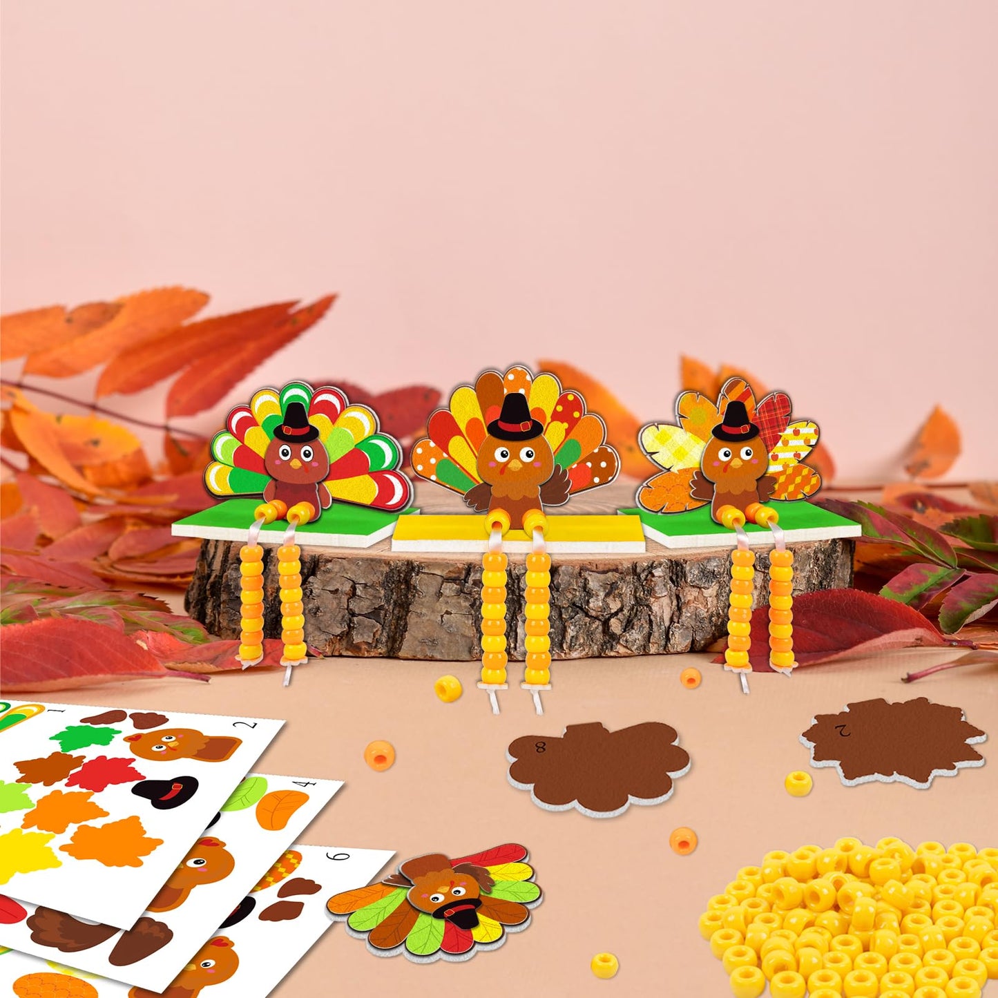 Moon Boat 28 Sets Thanksgiving Crafts for Kids - DIY Fall Felt Turkey with Beads Kit, Bulk for Autumn, Holiday, Halloween Art Ac