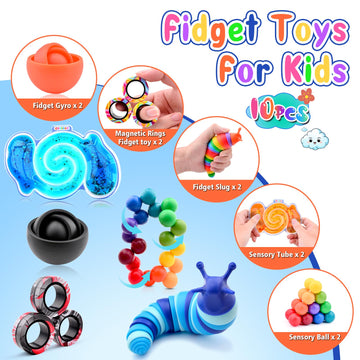 Cevioce 10Pcs Fidget Toys Adults Pack,Stocking Stuffers For Teens Boys Girls,Autism Sensory Toys With Fidget Spinner Slug Magnetic Rings,Squishy Fidget Toys Adhd Stress Relief,Party Favor For Kid-Bo