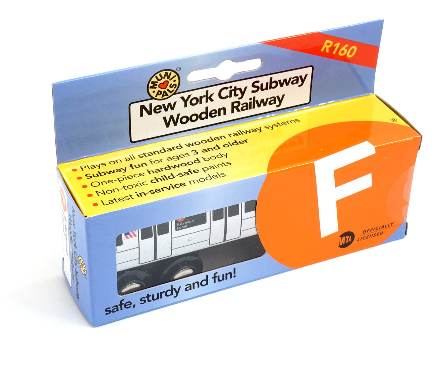 MUNI PALS Munipals New York City Subway Wooden Railway (B Division) F Train/6 Avenue Local-Child Safe and Tested Wood Toy Train