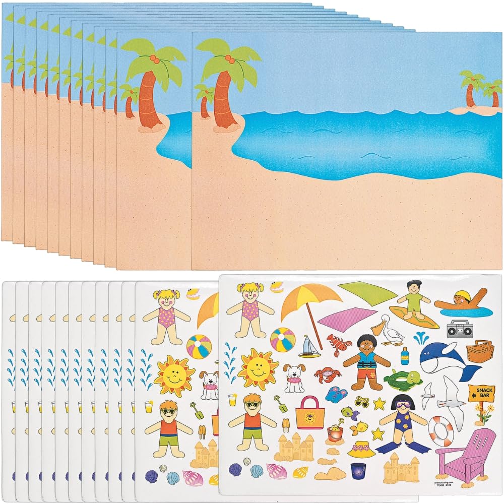 Day at The Beach Sticker Scenes - Makes 12, Includes Stickers and Backgrounds - Make A Scene for Kids