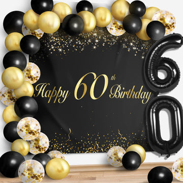 Happy 60Th Birthday Balloons Black Set Decor - Cheers To 60 Years Old Party Theme Garland Banner Backdrop Decorations For Women