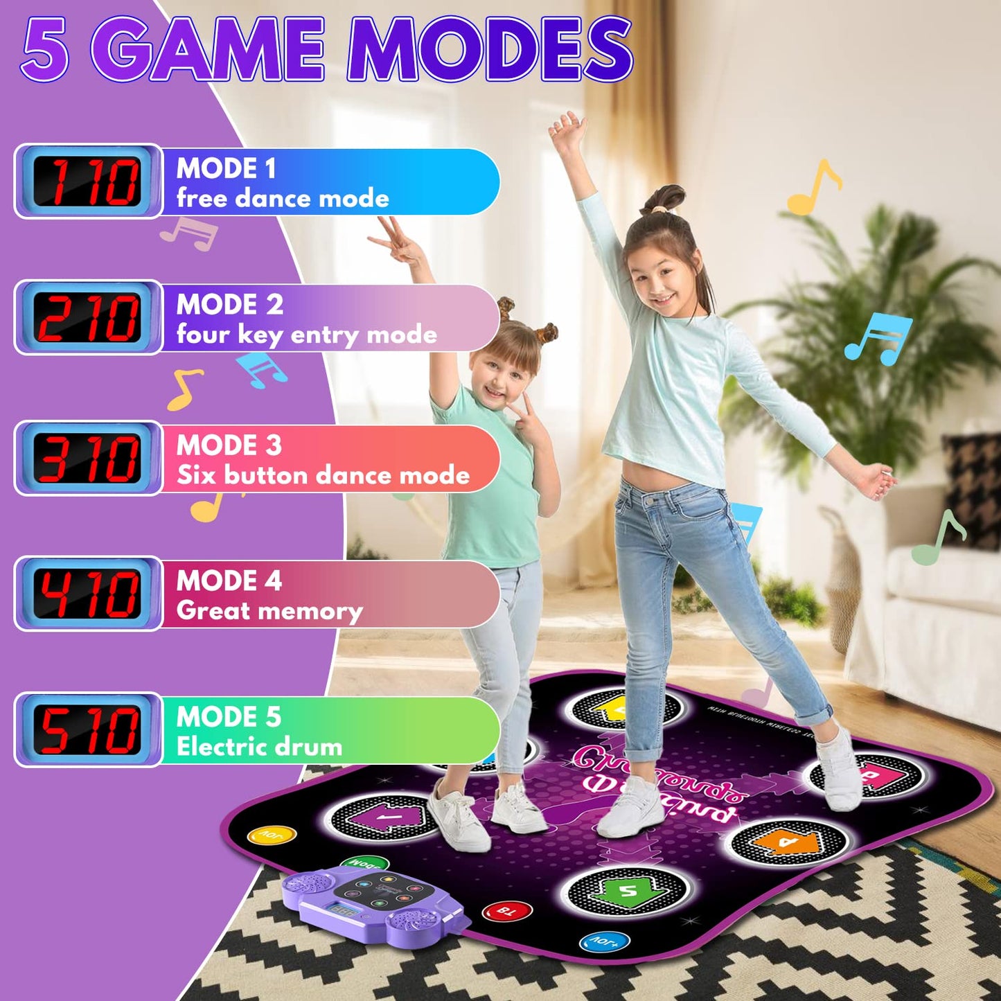 Fuairmee Dance Mats For Kids Ages 4-8, Dance Mat With Bluetooth, Built-In Music, 3 Languages Melodies, 5 Modes, Electronic Dance