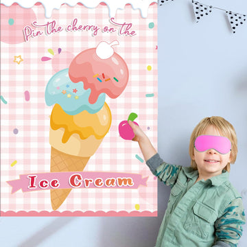 Pin The Cherry On The Ice Cream Game -Ice Cream Party Game With 21'' X 28'' Poster, Reusable Cherry Sticker Carnival Party Suppl