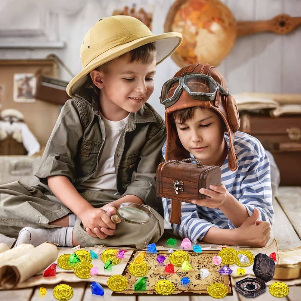 Yujun Diving Gem Pirate Toys Colorful Pool Acrylic Diamonds Pirate Treasure Chest Gold Coins With Underwater Swimming Throw Pirate Toy For Kids Birthday Summer Swimming Pool Party Favor