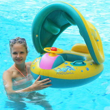 Inflatable Baby Swimming Pool Floats With Removable Sun Protection Canopy, Toddler Floaties With Seat And Handle, No Flip Over Baby Boat Swim Floats For Age Of 6-36 Months, With Hand Pump, Storage Bag