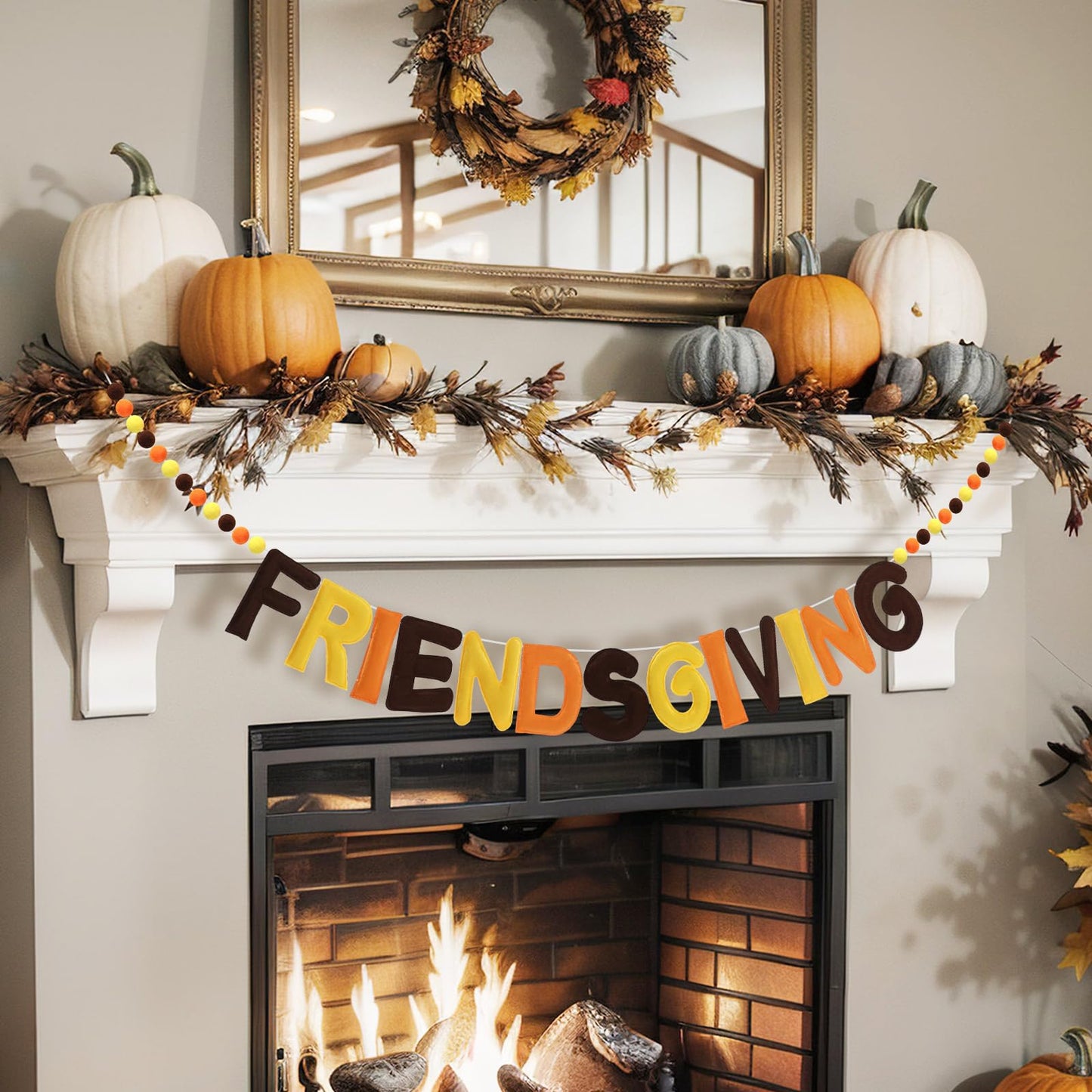 Breling 8ft Friendsgiving Banner Felt Ball Garlands Friendsgiving Party Decor Pre-strung Orange Yellow Brown Felt Banner for Fal