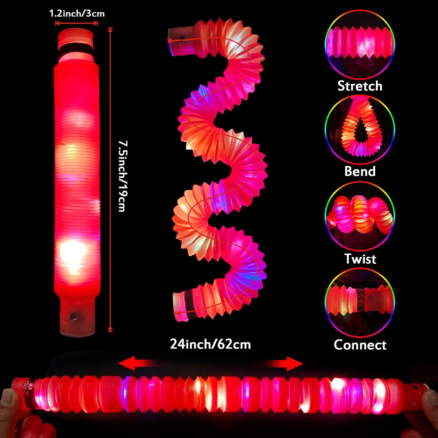 Yofobu Red Light Up Pop Tubes,24Pack Glow Sticks Party Favors For Kids Easter Basket,Led Sensory Fidget Tubes For Goodie Bag Stu