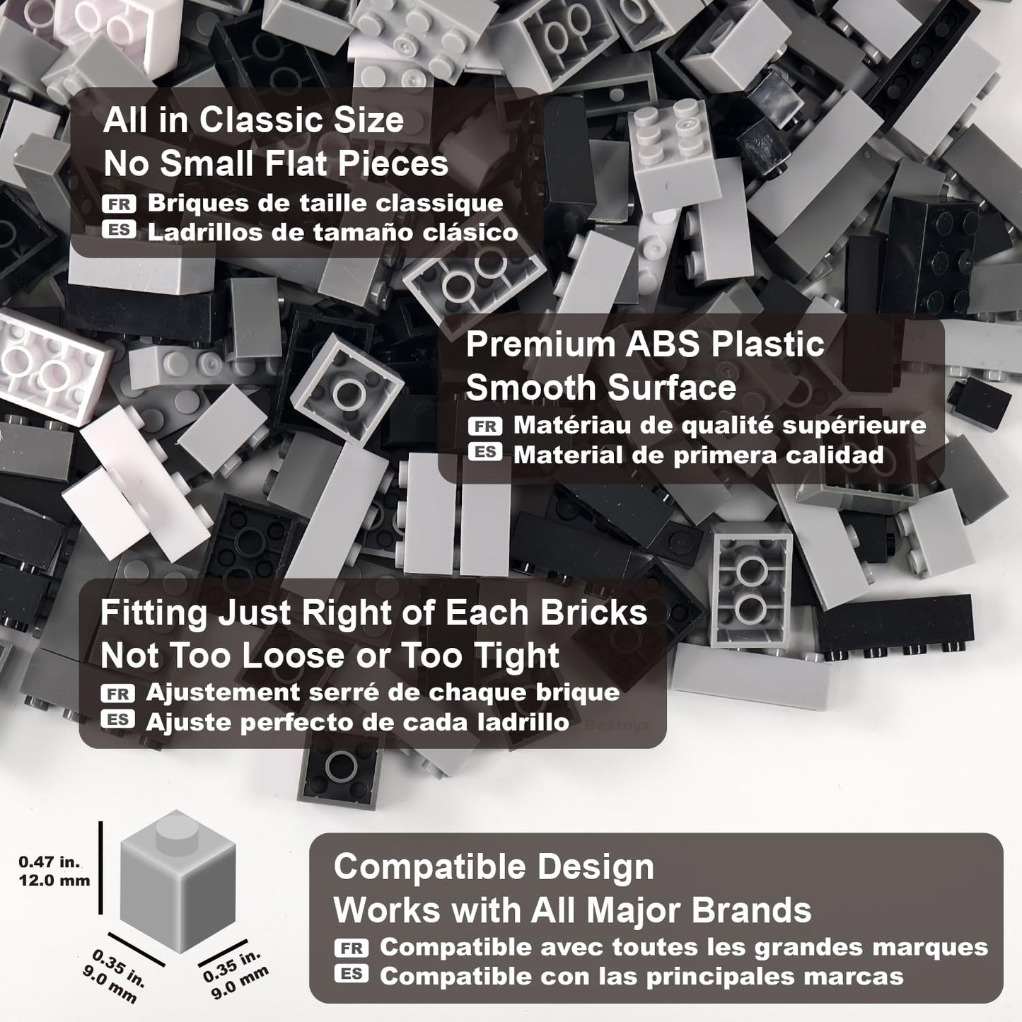 Bestoyz Building Bricks 1000 Pieces - Classic ABS Plastic Blocks in Black, Dark Grey, Light Grey & White, Model 609