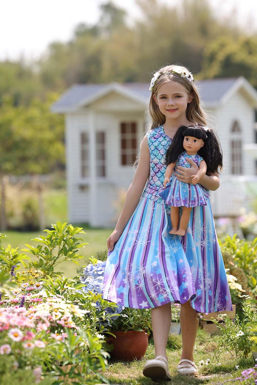 Bow Dream Girl Dress and Matching American Girl Doll Clothes Accessoriess Rainbow Mermaid Unicorn Size 150