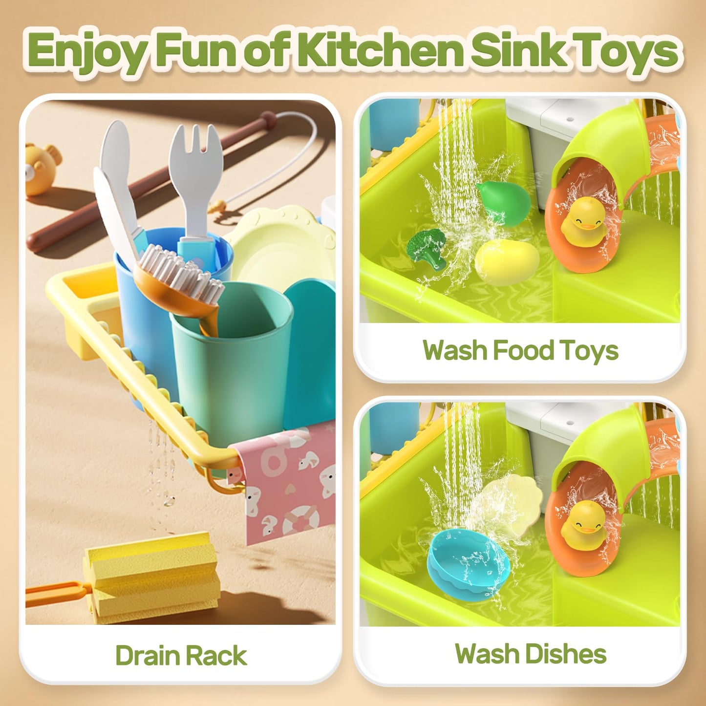 HOLYFUN Play Sink with Running Water, Kitchen Sink Toys with Upgraded Electric Faucet, Water Slide Track, Baby Dishwasher Toy, K