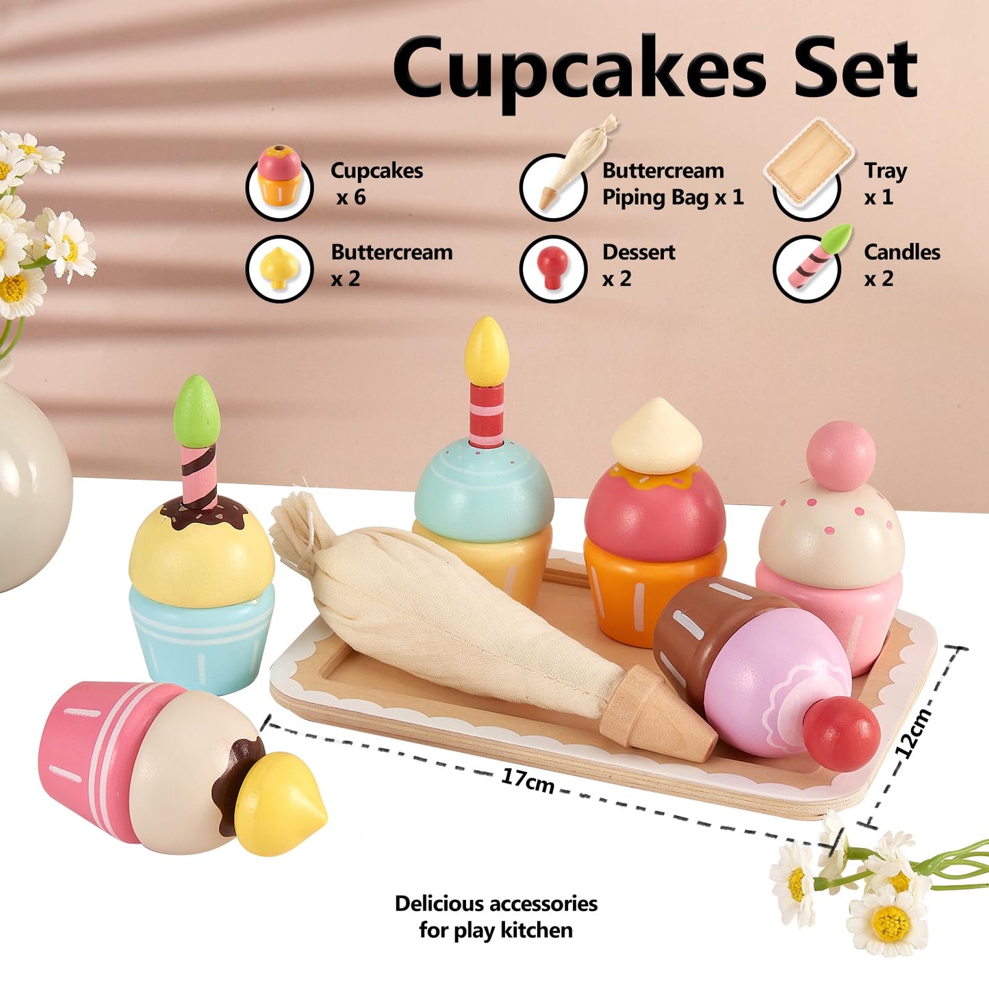 HERSITY Wooden Cupcakes Toys Pretend Play Food Desserts Kids Baking Set, Kitchen Playset for Toddlers 3-5, Tea Party for Little