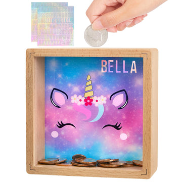 Piggy Bank For Kids, Wooden Money Coin Bank For Boys And Girls, Dinosaur Unicorn Piggy Banks With Diy Stickers For Birthday, Easter Gifts (Purple Blue)