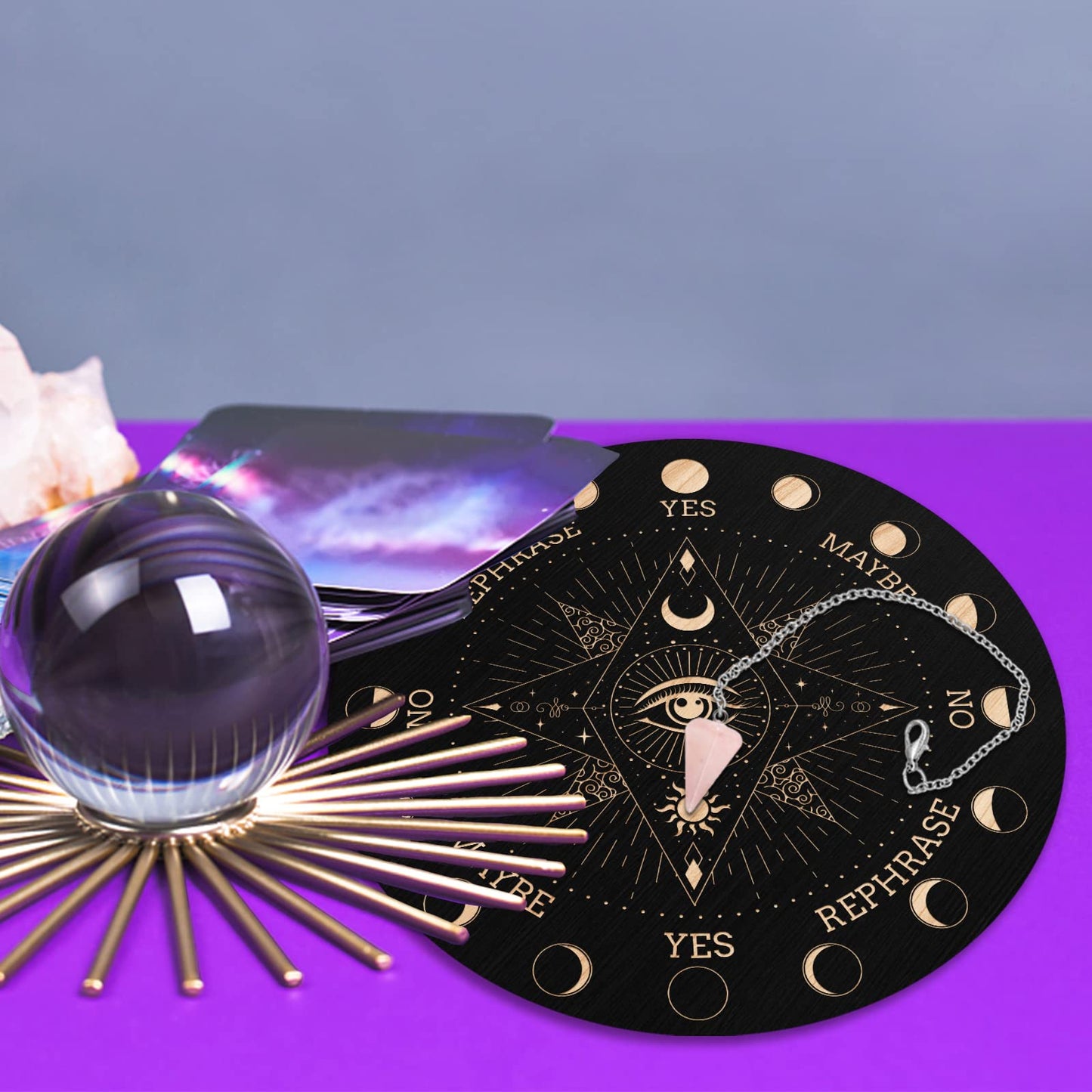 Infunly Witch Pendulum Board Eyes Runes Wooden Dowsing Planchette Board 7.9' Metaphysical Message Board With Pendulum Crystal Necklace For Beginners, Witchcraft Altar Supplies