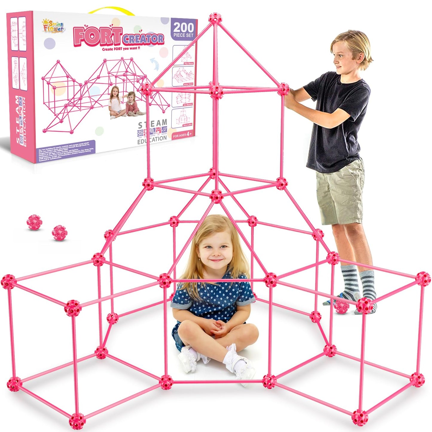 Springflower Fort Building Kit For Kids,Stem Construction Toys, Educational Gift For 4 5 6 7 8 9 10 11 12 Years Old Boys And Girls,Ultimate Creative Set For Indoor & Outdoors Activity,200 Pcs,Pink