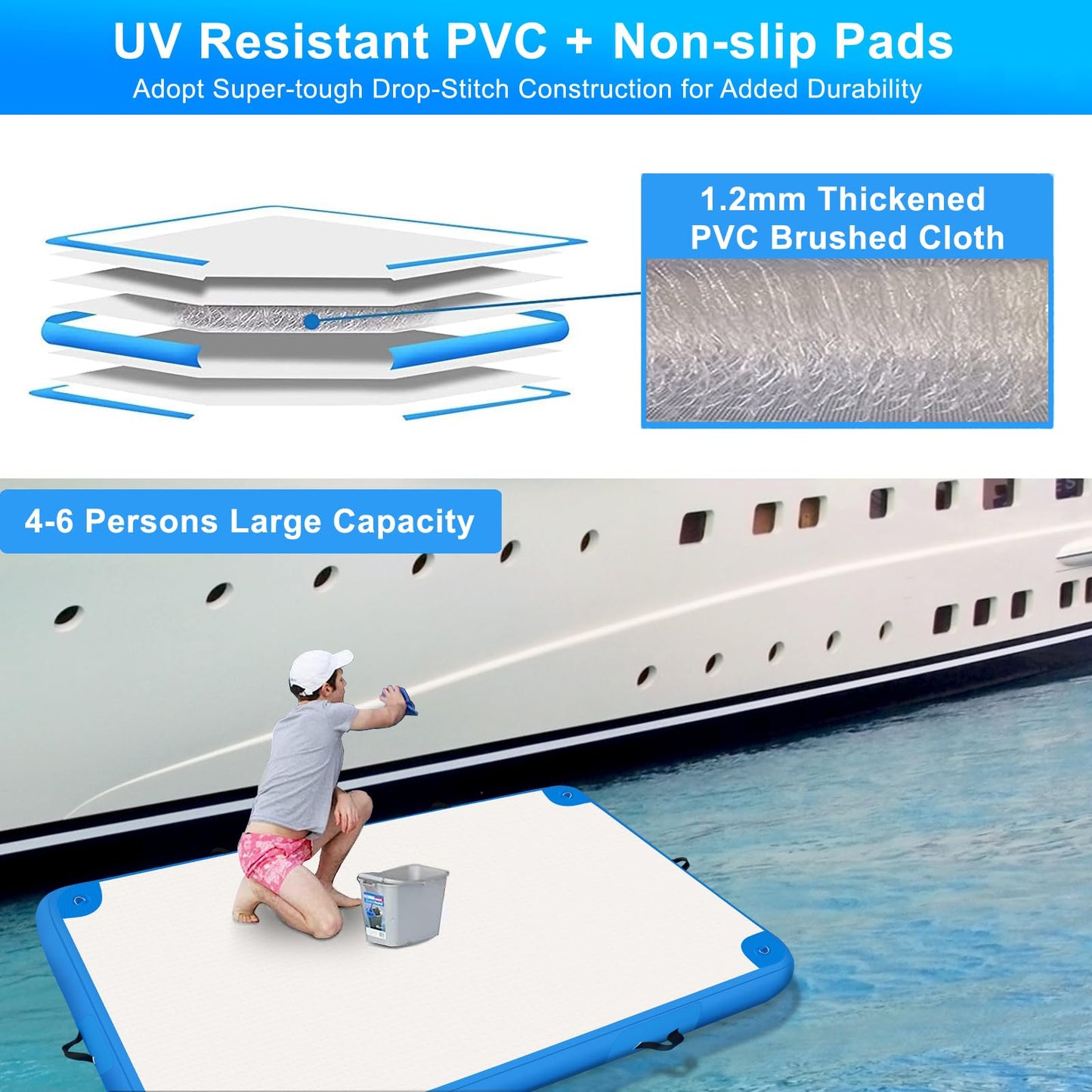 Gzkyylegs Inflatable Floating Dock, 8 Ft X 6 Ft Inflatable Platform With Air Pump & Carry Bag, Swim Platform 6 Inch Thick With M