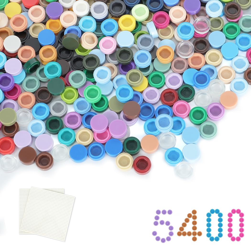 Etarnfly 5400Pcs Pixel Bricks, 1X1 Round Plates - 54 Colors Building Blocks Parts And Pieces With 2 Pack 10   X10    White Peel-