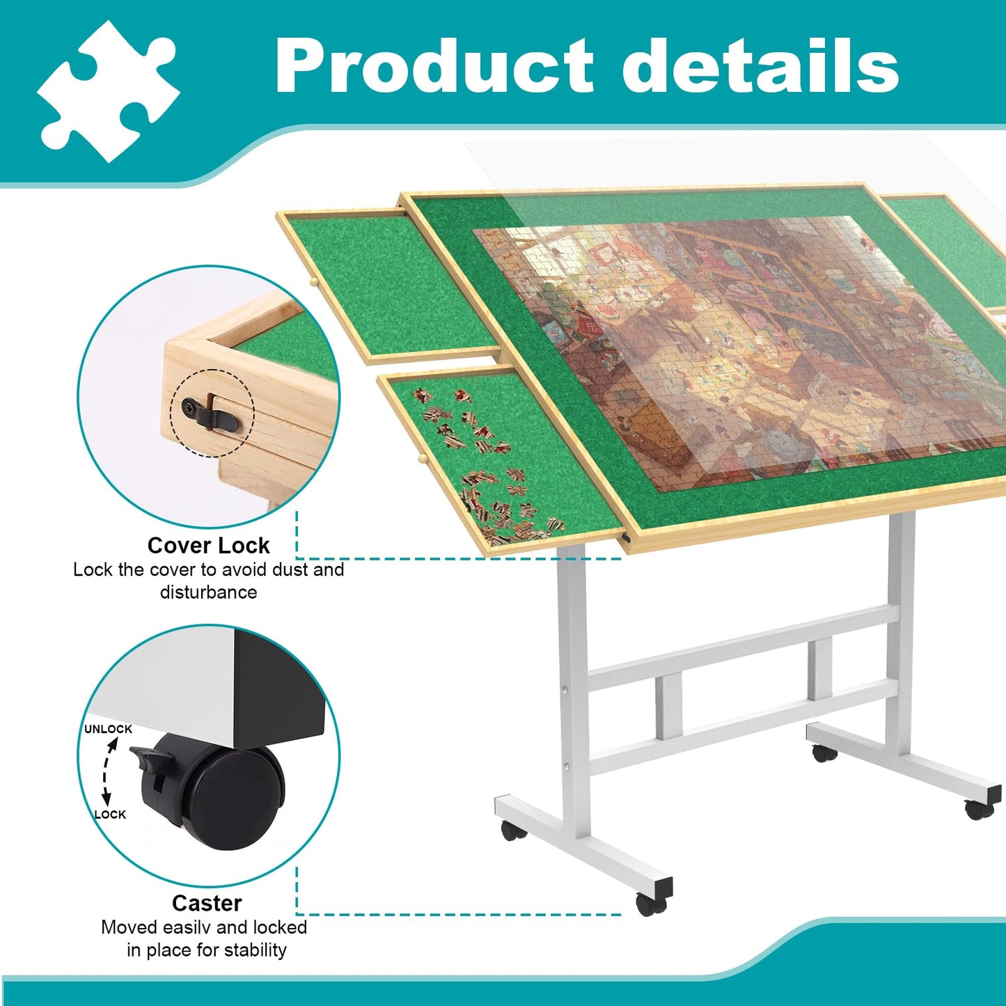 Ragozonery Jigsaw Puzzle Table 1500 Pieces,Adjustable Height&Up Puzzle Board With Cover And 4 Drawers,34  26In Puzzle Tables For