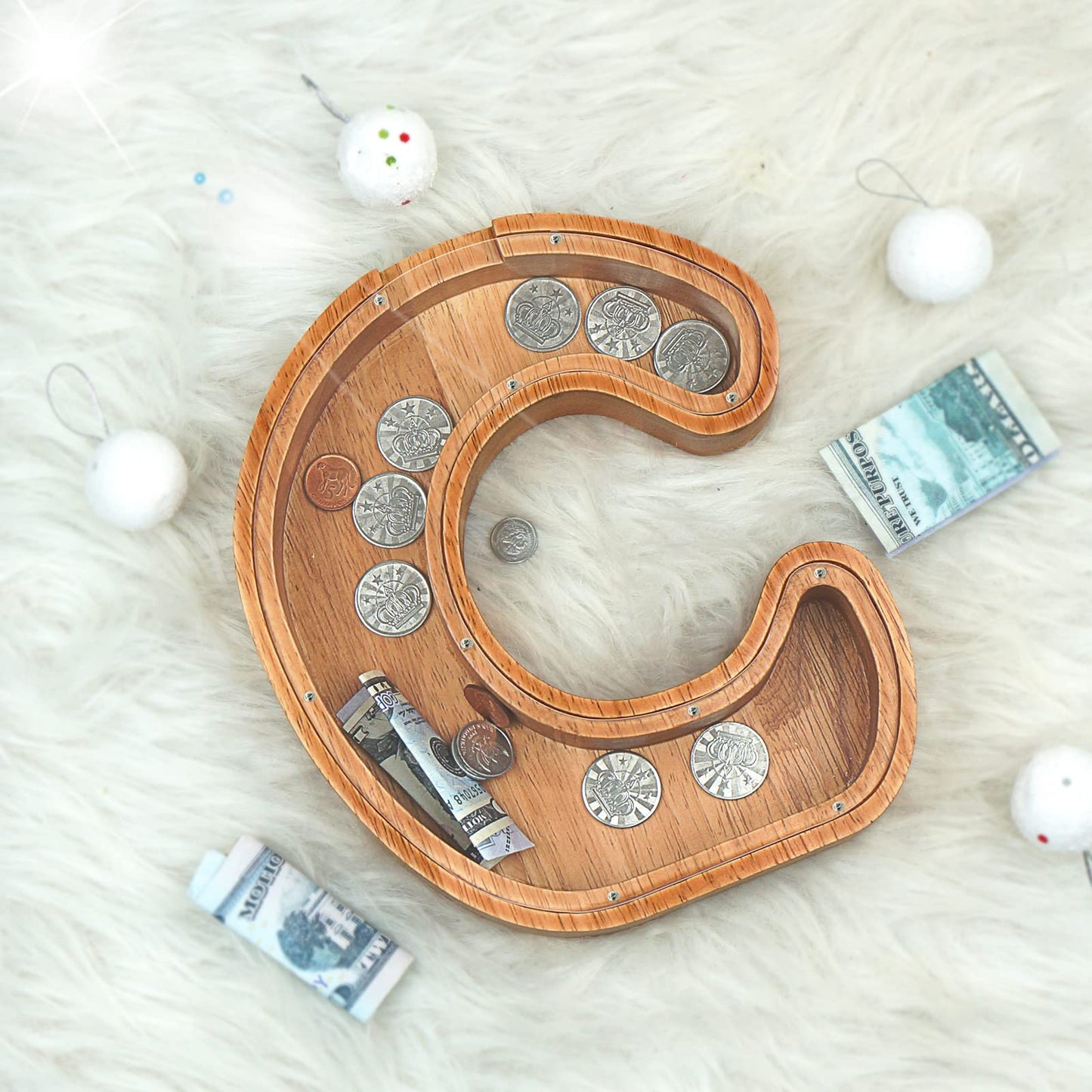 Piggy Bank For Kids Boys Girls, Large Personalized Wooden Letter Piggy Bank With Cut-Out Design, Alphabet Letter Coin Banks, Money Savings Box, Wooden Bank For Kids Creative Gift For Real-Money(C)